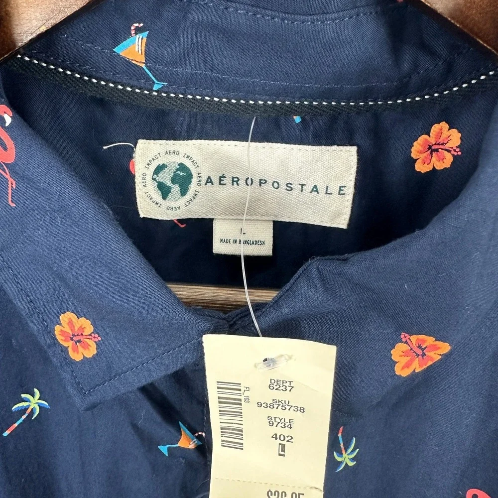 Aeropostale L Coastal Resort Flamingo Hawaiian Shirt Tropical Vacation Top‎ NWT